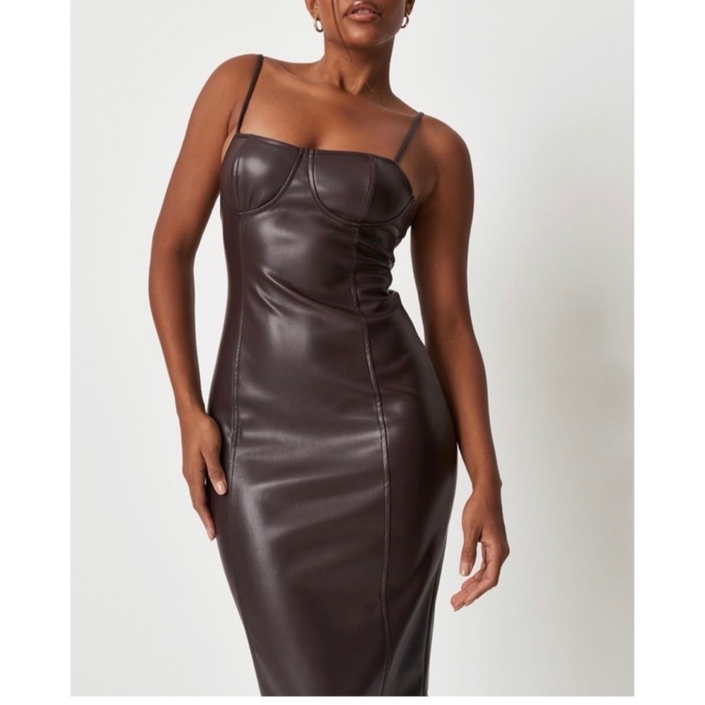 MISSGUIDED Faux Leather Chocolate Sexy Midi Bodycon Dress Cocktail/Formal Sz 10